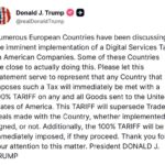 Трамп Европа давлатлари АҚШ компаниялари учун рақамли хизматлар солиғини жорий этган тақдирда, уларга 100 фоизлик божлар билан таҳдид қилди
